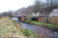 Work well underway on the bridge over the Gala Water at Kilnknowe Junction, Galashiels, on 31 March 2014. [See image 38187].<br><br>[John Furnevel 31/03/2014]