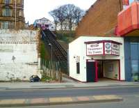 One of two survivors from the original five funicular railways that once served the town of Scarborough. The Central Tramway is seen here on 20 March 2014 looking across Foreshore Road towards the base station. Scarborough's other surviving system is the seasonally operated South Cliff Lift [see image 28794].<br><br>[Bruce McCartney 20/03/2014]