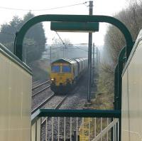 Heading back to Ayrshire from Fiddlers Ferry on 29 March 2014. Freightliner 66525 with a train of empty hoppers runs past Euxton Balshaw Lane station on the down fast line.<br><br>[Mark Bartlett 29/03/2014]