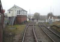 Bedlington North signalbox, level crossing and part of the disused platform as seen from <I>The Wansbeck</I> steam hauled railtour arriving here from Morpeth. The train continued south to Newsham before reversing to take the right hand line to travel to Marchey's House Junction and then the Blyth line.<br><br>[Malcolm Chattwood 29/03/2014]