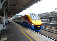 East Midlands Trains Meridian 222014 stands at Sheffield following arrival from St Pancras on 25 March 2014.<br><br>[Bruce McCartney 25/03/2014]