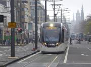 Edinburgh tram 277 at the west end of Princes Street on 3 April during a test run.<br><br>[Bill Roberton 03/04/2014]