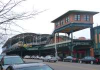 View north east across Stillwell Avenue, Brooklyn, on 23 March 2014 towards the New York Subway station at Coney Island. The elevated 8-platform station is the southern terminus for D, F, N and Q line services.<br><br>[Jim Peebles 23/03/2014]