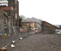 Works around the old footbridge linking Low Buckholmside and High Buckholmside, Galashiels, on 31 March 2014. Looking south towards Ladhope tunnel.<br><br>[John Furnevel 31/03/2014]