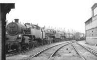 80044 at the head of a lineup of Standard class locomotives at Corkerhill shed in 1961. <br><br>[David Stewart //1961]