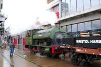 Steam activity at Bristol Harbour on 6 April 2014, featuring Peckett 0-6-0ST <I>Henbury</I> operating on the <I>M Shed Railway</I> [see image 46907].<br><br>[Peter Todd 06/04/2014]