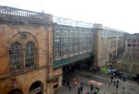 Unusual view taken today through the rather dirty window on the top floor of the building opposite in Hope Street.<br>
The clear site on the corner of Argyle and Oswald Streets is to have a hotel built on it. I remember it as <I>Wilson's Zoo</I>, which had a lion in a rather small cage (in the Fifties).<br><br>[Colin Miller 17/04/2014]