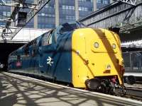 Deltic 55002 <I>The King's Own Yorkshire Light Infantry</I> basks in the sunshine at Aberdeen station on Saturday 12th April 2014 after bringing in <I>'The Deltic Aberdonian'</I>.<br><br>[Colin Alexander 12/04/2014]