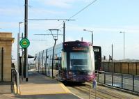 Blackpool tram 013 on a service from Starr Gate pauses briefly at Fleetwood Ferry on 27 February 2014 before returning south. Heritage tram services ran to Fleetwood again over the Easter weekend and are scheduled to operate on other Bank Holidays in 2014. <br><br>[Mark Bartlett 27/02/2014]