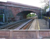 The skew arch bridge carrying the A57 over the Liverpool and Manchester Railway at Rainhill, looking west towards Liverpool on 19 April 2014. The inscription on the bridge (see lower photograph) reads <I>'Erected June 1829 - Charles Lawrence Esq Chairman - George Stephenson Engineer'</I>.<br><br>[John McIntyre 19/04/2014]