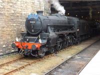 Black 5s 44871+45407 stand at Perth station on 10 May 2014 with <I>The Cathedrals Explorer</I> for Inverness.<br><br>[John Robin 10/05/2014]