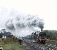 BR Standard class 9F 2-10-0 no 92220 <I>Evening Star</I> storms through Settle on 30 September 1978 with the <I>Bishop Treacy</I> memorial special. <br><br>[John Robin 30/09/1978]
