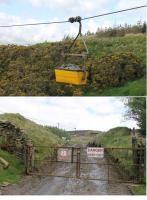 The entrance to the clay pit on Claughton (<I>pronounced Clafton</I>) Moor, closed for the weekend but with an empty bucket visible on the cable awaiting loading on Monday morning. Also shown is a close up of a bucket loaded with shale, swaying in the wind for the weekend until the ropeway brakes are released and it resumes its descent to the Hanson brickworks on the valley floor. The simple locking mechanism preventing accidental tipping is visible. <br><br>[Mark Bartlett 09/05/2014]