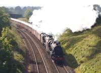 Black 5s 44871 and 45407 heading east on Hoghton bank on 9 May 2014 with the second leg of Day 1 of <I>The Cathedrals Explorer</I> railtour. The pair had taken over from <I>Duchess of Sutherland</I> at Crewe and were heading to the overnight stop at Appleby.<br><br>[John McIntyre 09/05/2014]
