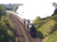 Black 5s 44871 and 45407 heading east on Hoghton bank on 9 May 2014 with the second leg of Day 1 of <I>The Cathedrals Explorer</I> railtour. The pair had taken over from <I>Duchess of Sutherland</I> at Crewe and were heading to the overnight stop at Appleby.<br><br>[John McIntyre 09/05/2014]