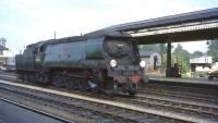 West Country Pacific no 34103 <I>Calstock</I> stands on the centre road at Oxford in the summer of 1964. The locomotive is awaiting the arrival of the southbound <I>Pines Express</I> ex-Manchester which it will take over for the final leg to Bournemouth.<br><br>[John Robin 27/08/1964]