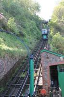 Descending car on the Lynton and Lynmouth Cliff Railway as seen from the Lynmouth station. This water powered system, rising 500 feet at 1:1.75, can only be described as a breathtaking piece of Victorian engineering. <br><br>[Mark Bartlett 17/05/2014]