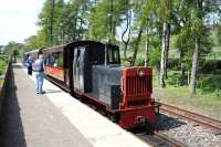 Scene at Lintley Halt, the current terminus of the narrow gauge South Tynedale Railway, on 18 May 2014. The diesel locomotive is <I>Naworth</I> [Hudswell Clarke 0-6-0DM No 4 of 1952]. Work is in hand to extend the line as far as Slaggyford and possibly, in the fullness of time... Haltwhistle? [See image 40173]<br><br>[Peter Todd 18/05/2014]