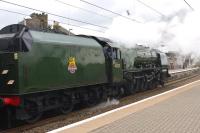 Stanier Pacific 46233 <I>Duchess of Sutherland</I> with the <I>Great Britain V</I> Railtour runs south through Newton-on-Ayr station on 26 April 2012. The special will take the Mauchline line at Newton Junction.<br><br>[Colin Miller 26/04/2012]