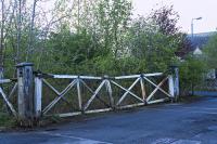 The gates on Station Road at Appleby East in April 2014. The crossing has become much more dilapidated and overgrown in recent years. [See image 21207] [Ref query 5454]<br><br>[Bill Jamieson 24/04/2014]