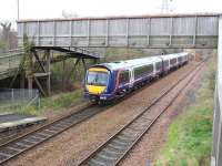 The 11.51 ex-Glenrothes with Thornton leaves Brunstane on the final leg of its journey to Newcraighall on 28 April 2014. On the right the single line of the <I>sub</I> starts to diverge towards Niddrie West Junction. <br><br>[John Furnevel 28/04/2014]