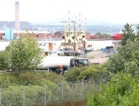 The barely recognisable trackbed of the line that once served Grangemouth docks, looking north from the A904 road bridge in 2008 [see image 39569]. The chimney of Longannet power station stands in the background on the other side of the Forth. <br><br>[John Furnevel 23/09/2008]