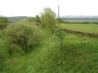 Looking south towards the site of Hazlehead Bridge station on the Woodhead route, along the cutting that once carried the line serving the works of the Hepworth Iron Company. The roof of the former station houses at Hazlehead Bridge can just be seen in the background between the electricity pole and pylon. [See image 47507]<br><br>[David Pesterfield 30/05/2014]