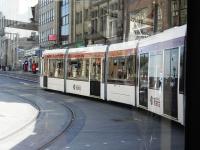 Looking back from westbound Tram 266 turning into Princes Street from South St Andrew Street on Saturday 31 May 2014, the first day of public services.<br><br>[Alasdair Taylor 31/05/2014]