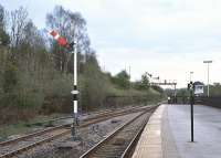 View showing how close the up starter is to the gantry at Hellifield South Junction. The signals are cleared for the 16:18 Carlisle - Leeds on 24th April 2014.<br><br>[Bill Jamieson 24/04/2014]