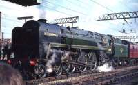 70013 <I>Oliver Cromwell</I> stands at Stockport on 13 April 1968 with the BR Easter Grand Tour from Edinburgh. [See image 31503]<br><br>[G W Robin 13/04/1968]