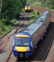 170459 passes Inverkeithing Central Junction with a Fife Outer Circle service on 27 May. In the background the Network Rail Measurement Train waits in the yard for its path to Edinburgh.<br><br>[Bill Roberton 27/05/2014]