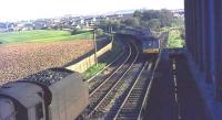 Looking south from Blackwood signal box in May 1964, as 45029 with a pigeon special waits for a DMU from Coalburn to clear the section to Alton Heights. The original (1866) Blackwood terminus lay straight ahead, with the 1905 replacement through station (closed 1965) round the curve to the left [see image 9162]. <br><br>[John Robin 15/05/1964]