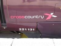 The crosscountry logo and the repositioned unit number, following fitting of new design front end valances, on a Voyager at Exeter St David station on 4 June 2014.<br><br>[David Pesterfield 04/06/2014]