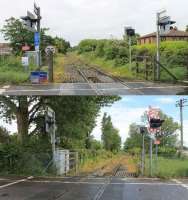 The Hamworthy Goods branch to Poole Harbour has been unused for a number of years but everything remains in situ hoping for new sources of freight traffic. This is Hamworthy Park crossing, the upper view looking back towards the main line at Hamworthy station and the lower image towards Poole Harbour. <br><br>[Mark Bartlett 22/05/2014]