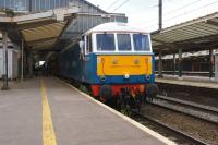 86259 calls at Preston with the <I>Cumbrian Coast Express</I> on 14 June 2014. The tour was hauled from London to Carnforth by the 86 and then on to Carlisle over Shap by Stanier 8F 2-8-0 no. 48151. The special returned to Carnforth via the Cumbrian Coast, following which the 86 returned the tour to London.<br><br>[John McIntyre 14/06/2014]