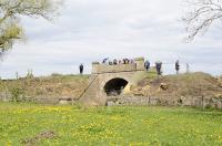 Surviving accomodation bridge on the west side of the S & D Brusselton Incline between Shildon and West Auckland, built 1825. The listed bridge has been damaged by masonry removal but is now in the care of the Brusselton Incline Group. Trees and shrubs have been removed from the embankment between the bridge and Brusselton incline top, exposing a number of the original stone block sleepers.<br><br>[Brian Taylor 03/05/2014]