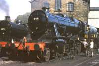Stanier 2-8-0 8431 stands alongside Midland 4F 0-6-0 43924 in Haworth yard on the KWVR in the summer of 1976.<br><br>[Colin Miller //1976]