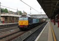 Interesting motive power combination on the Crewe-Sellafield train on 26th June 2014. DRS 57007 pilots one of the few remaining DRS EE Type 1s, 20304, and three nuclear flasks as they take the Down Fast through Lancaster station. The locos stayed together for the day and worked the evening service back to Crewe with 20304 leading.<br><br>[Mark Bartlett 26/06/2014]