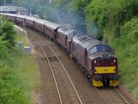 WCRC 37516+37685 charge the gradient north of Dunfermline Town station on 30 June 2014 with the Edinburgh - Keith <I>Royal Scotsman</I>.<br><br>[Bill Roberton 30/06/2014]