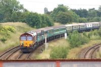 Retro Railtours <I>The Retro Electric Scot</I> drops down to Farington Curve Jct on 28 June 2014 with 60060 on the first leg of the tour from Stockport to Preston. At Preston the loco was changed for 92041 [see image 47794] for the remainder of the journey to Edinburgh.<br><br>[John McIntyre 28/06/2014]