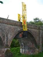 The 'facelift' platform in operation on the Red Bridge on 30 June 2014. Photographed from the south bank of the River Tweed. [See image 47832]<br><br>[John Furnevel 30/06/2014]