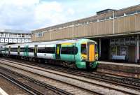 Southern class 377 unit 377463 at Eastleigh on 9 July on its one daily visit from Brighton - soon to depart back home.<br><br>[Peter Todd 09/07/2014]