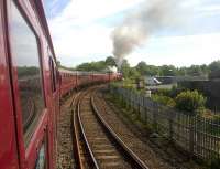 Shortly after departure from Carnforth on 12 July, GWR 5972 <I>Olton Hall</I> aka <I>Hogwarts Castle</I> heads east towards Settle with the <I>Wizards Express</I> to York... <I>'Could have sworn I recognised that eejit on the bridge with the camera...'</I> [See image 47961]<br><br>[John McIntyre 12/07/2014]