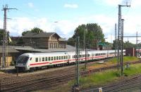 On 13th June, the 16.42 Stralsund-Ostseebad Binz IC service pauses at Bergen auf Ruegen. This popular holiday island retains a remarkable range of weekend long-distance services (both IC and ICE) from starting points as far afield as Bratislava, Erfurt, Frankfurt, Hamburg, Hannover, Kassel, Koblenz, Koeln, Konstanz, Muenchen, Nuernberg, Prague, Stuttgart and Zurich.<br><br>[David Spaven 13/06/2014]