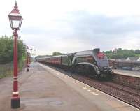 Gresley A4 60009 <i>Union of South Africa</i> slows for a water stop with the <I>Cumbrian Mountain Express</I> at Appleby on 19 July 2014.<br><br>[John Robin 19/07/2014]