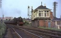 Black 5 no 44972 about to run south through Busby Junction on 29 May 1964. The train is the 5.38pm Glasgow St Enoch - Kilmarnock local.<br><br>[John Robin 29/05/1964]