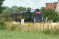 A4 no 60009 <I>Union of South Africa</I> heads east at Gregson Lane LC on 26 July with the <I>Cumbrian Mountain Express</I> from Crewe to Carlisle via the S&C. Normally the loco would be working hard at this point on the climb up Hoghton bank but the fire risk due to dry conditions and the lineside vegetation resulted in the train receiving assistance from 57316 on the rear.<br><br>[John McIntyre 26/07/2014]