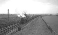 An unidentified Gresley V2 2-6-2 with a northbound freight at Little Benton on the ECML, thought to be in 1962. The train has just crossed the A1058 Coast Road and is about to pass a fogman's cabin and detonator placement lever located just under a mile short of Benton Quarry Junction.<br><br>[K A Gray //1962]