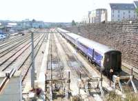 A quiet daytime scene looking east over Clayhills carriage sidings, Aberdeen, on 8 August 2014. The Aberdeen portion of the Caledonian Sleeper will be moved into the station for boarding from 21.15, with a scheduled deparure time of 21.43.<br><br>[Jim Peebles 08/08/2014]