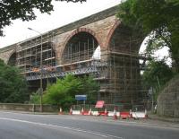 The northern end of Newbattle Viaduct on 10 August 2014 looking south across the A7.<br><br>[John Furnevel 10/08/2014]